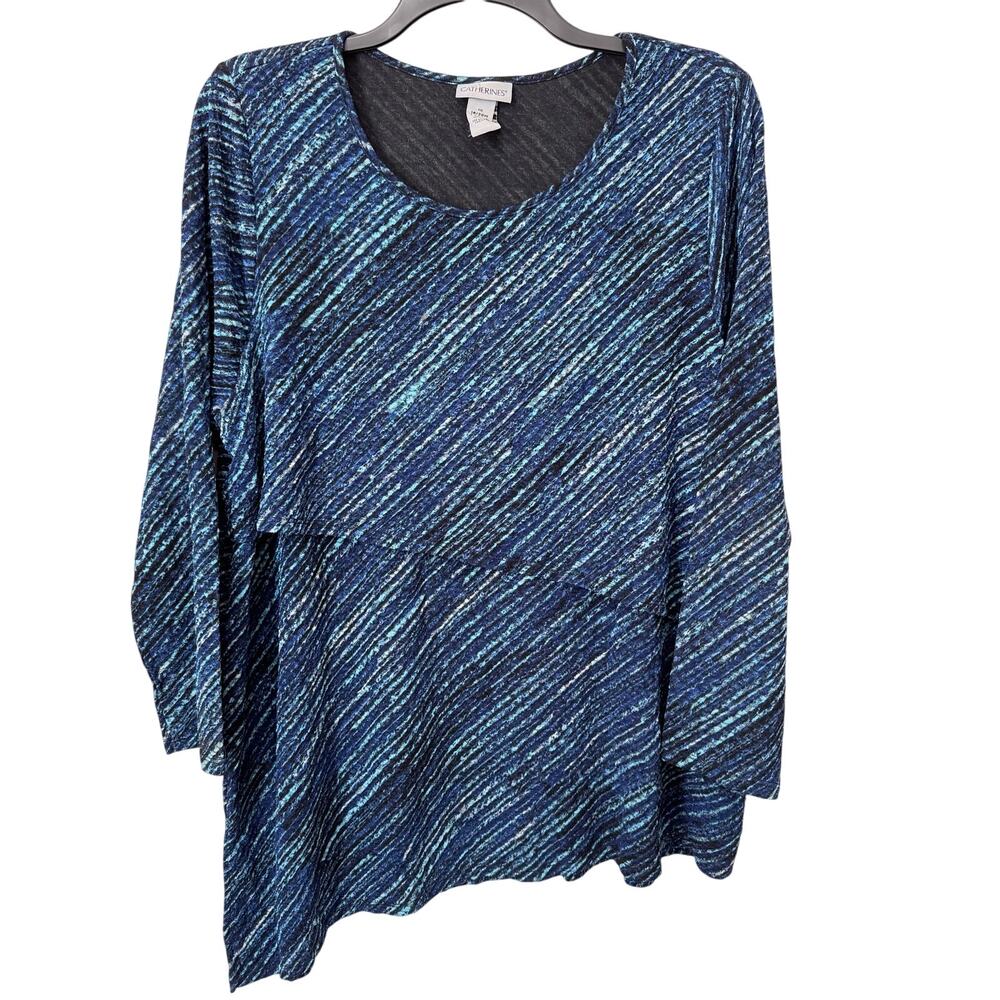 Catherines Women's 1X Tiered Asymmetrical 3/4‎ Sleeve Diagonal Stripe Tunic Top